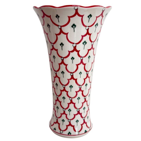 Andrea By Sadek 8" Ceramic Vase Red Green Blue Pattern Flared Scalloped Rim - Picture 2 of 8